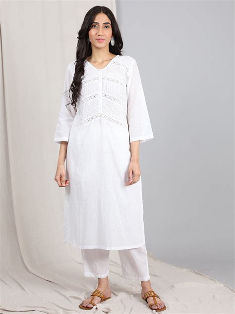 Dharya white-cotton-dobby-pintuck-kurta-with-pants