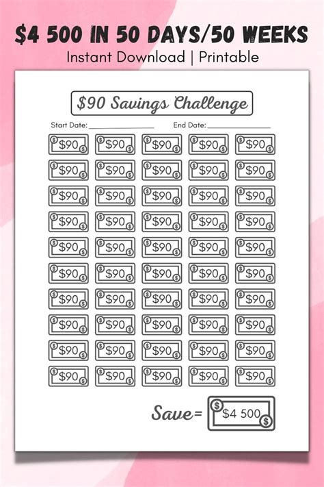 Savings Challenge Printable 90 Dollars, Mini Savings Tracker, 50 Day ...