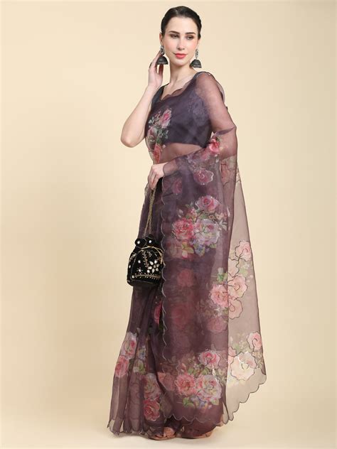 Buy Brown Digital Printed Organza Saree With Satin Black Blouse Piece ...