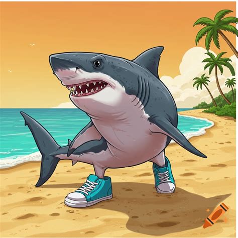 Shark wearing blue tennis shoes on the beach on Craiyon