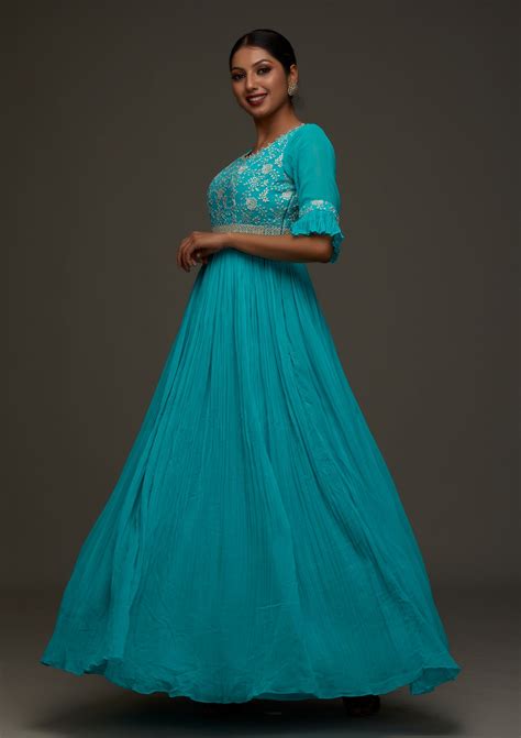 Buy Sky Blue Threadwork Georgette Designer Anarkali Suit - Koskii