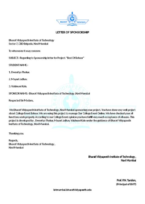 Letter OF Sponsorship(example) - LETTER OF SPONSORSHIP Bharati ...