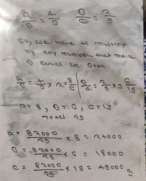 Mr. Adnan distributed Rs.87000 among their three sons A:B:C.He shared ...