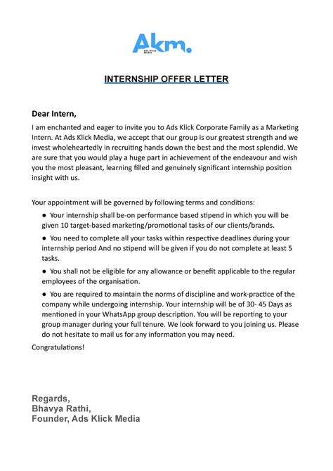 Ads Klick Offer Letter - INTERNSHIP OFFER LETTER Dear Intern, I am ...