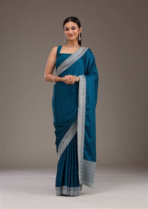 Buy Peacock Blue Stonework Satin Saree - Koskii