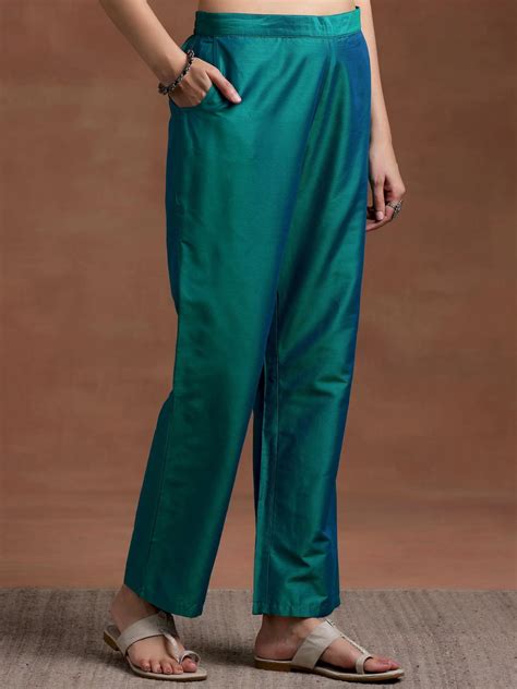 Buy Teal Blue Solid Silk Blend A-Line Kurta With Trousers Online at Rs ...