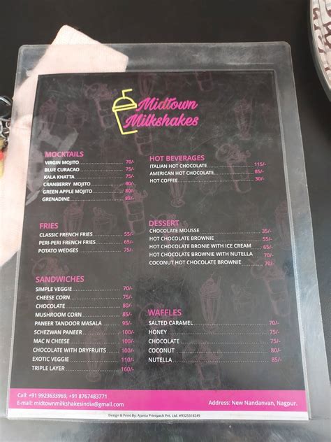 Menu at Midtown Milkshakes, Nagpur
