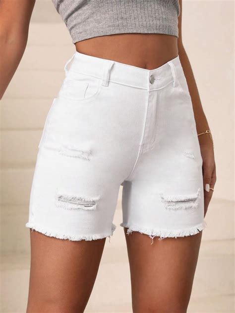 SHEIN Essnce Ripped Raw Hem Denim Shorts | SHEIN USA