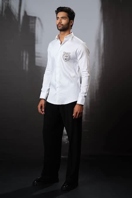 Buy White Cotton Cut Work Cutdana Placement Embroidered Shirt For Men ...
