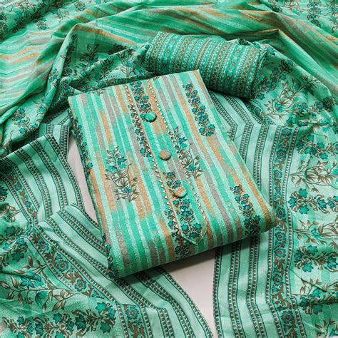 Turquoise Floral Printed Pure Cotton Dress Material