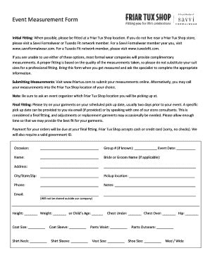 Fillable Online Event measurement form - Friar Tux Shop Fax Email Print ...