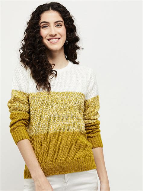 Buy Max Women Mustard Yellow & White Colourblocked Pullover - Sweaters ...
