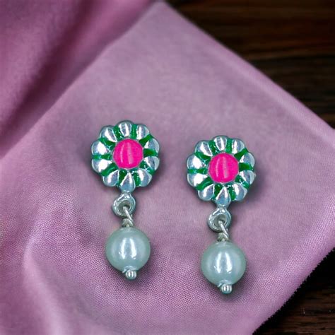 Taraash 925 Sterling Silver Floral Enamel Drop Earrings For Kids