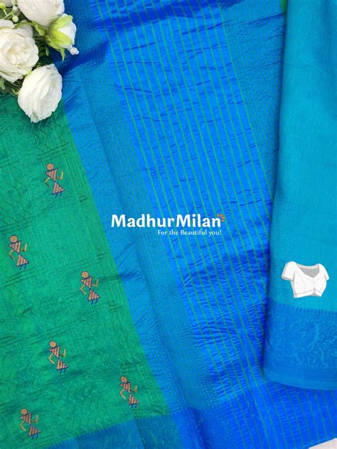 WARLI EMBROIDERY WORK RAW SILK SAREE TEAL