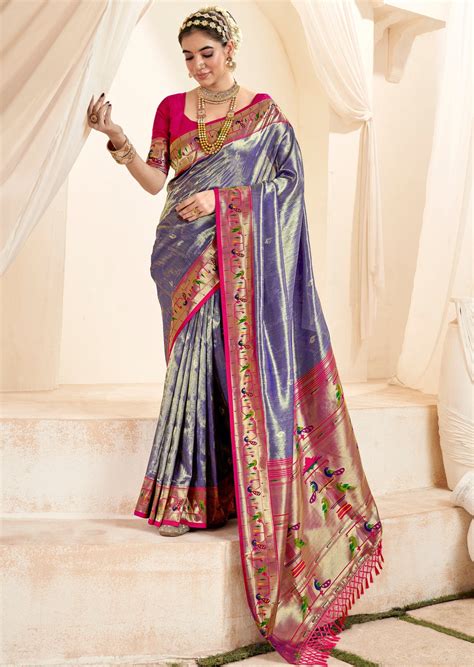 Pure Handloom Paithani Tissue Silk Blue Saree Online India USA UK – Sunasa