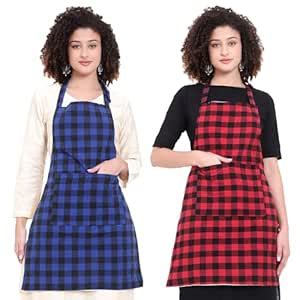 GLUN® Combo Blue Check & Red Check Apron, Pack of 2 Checkered Design ...