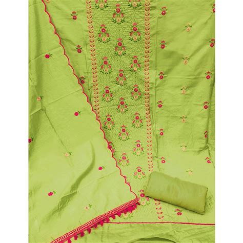 Green Floral Embroidered Chanderi Dress Material
