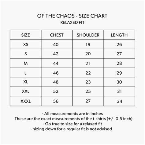Size Chart - Relaxed T-shirt – Of The Chaos