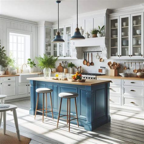 Off White Kitchen Cabinets With Blue Island