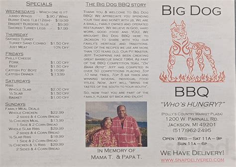 Menu - Jackson MI's Big Dog Bbq | Sirved