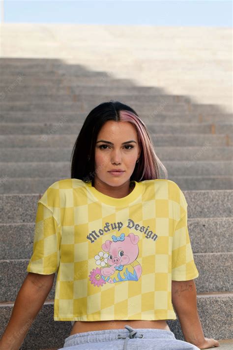 Woman wearing fashionable crop top mock-up | Premium PSD