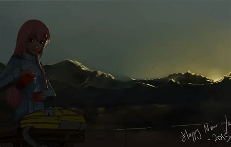 Wallpaper girl, the sun, sunset, mountains, anime, art, backpack ...
