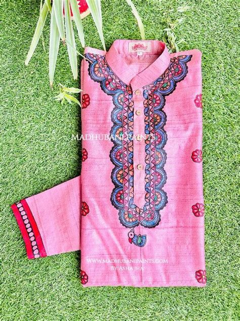 Pink Mithila Flowers Hand-painted Madhubani Men's Tussar Silk Kurta ...