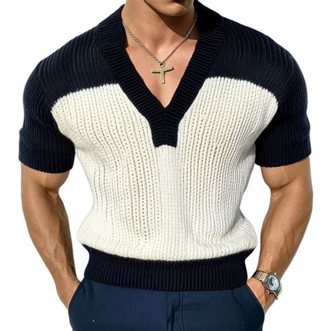 Men's Casual V-Neck Slim Fit Cotton Knitted Short Sleeve T-Shirt – My ...