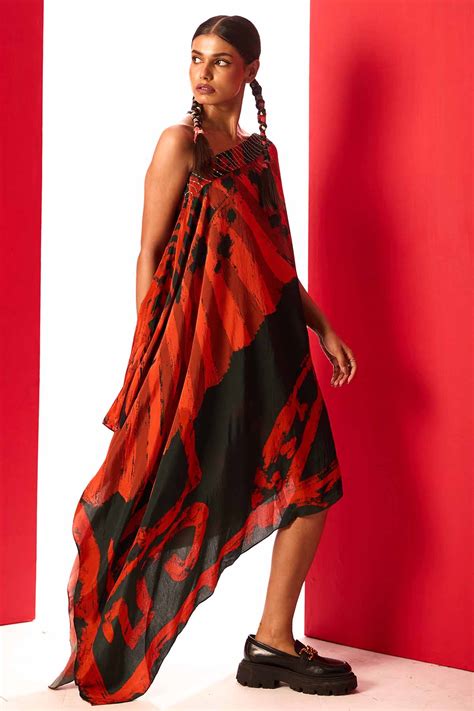 Buy Red & Black One Shoulder Dress by Shristi Chetani at ScrollnShops