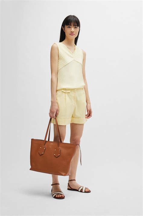 BOSS - Grained-leather shopper bag with whipstitch details - Brown