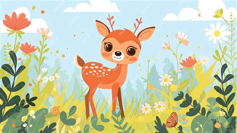 A cute fawn stands in a meadow with flowers and butterflies | Premium ...
