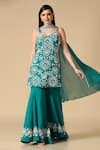 Buy Green Georgette Pearls V-neck Floral Embroidered Kurta Sharara Set ...