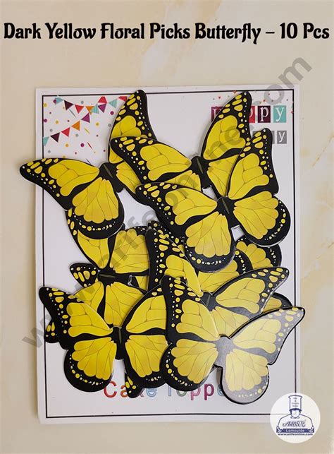 CAKE DECOR™ 10 Pcs Dark Yellow Floral Picks Butterfly With Black Outli ...
