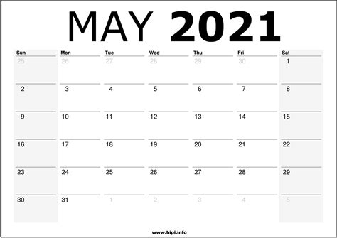 May 2021 Calendar Printable - Monthly Calendar Free Download - Hipi.info