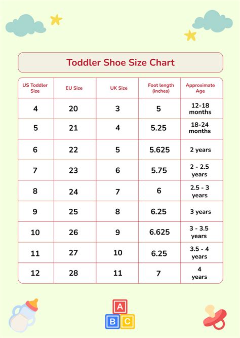 Free Toddler Shoe Size Chart Template to Edit Online