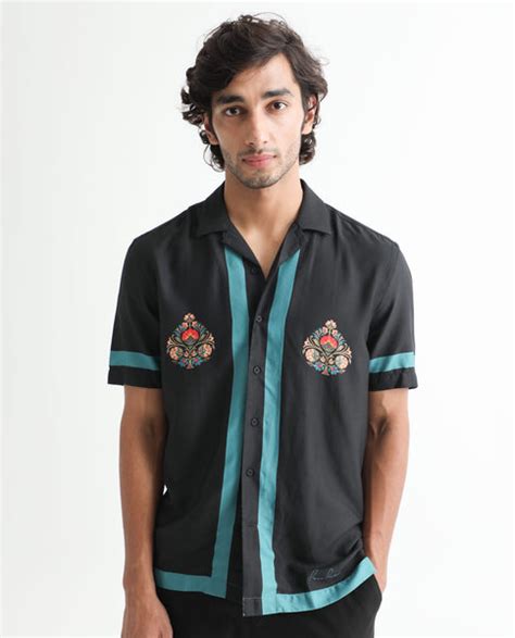 Rare Rabbit Men's Emble Black Modal Fabric Cuban Collar Floral Print H