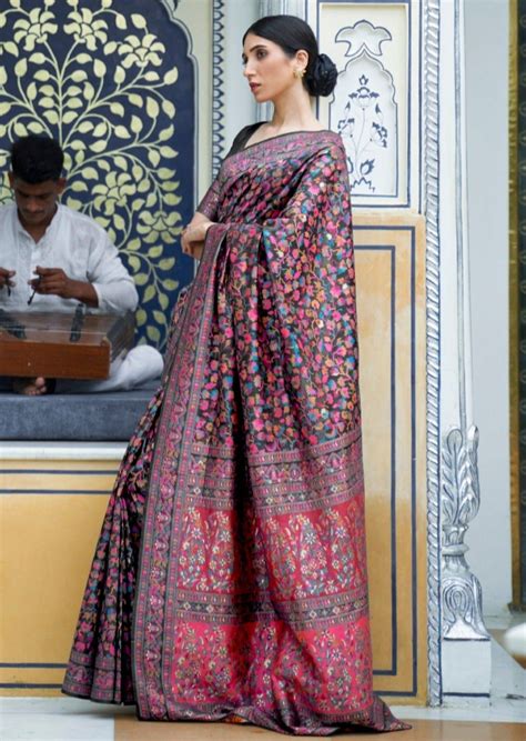Buy Original Kashmiri Jamawar Pure Silk Black Saree Online Shopping ...