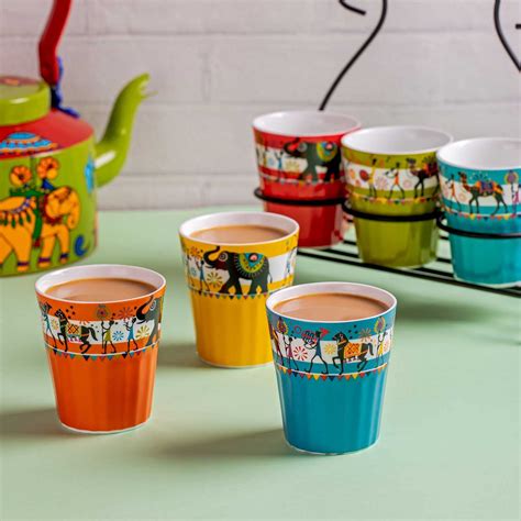 Buy The Bombay Store - Elephant Procession Kullads Ceramic Cup Set of 6 ...