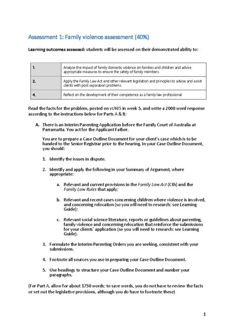 Case outline - Assessment 1 - notes for Family Law 2021 - Assessment 1 : Family violence ...
