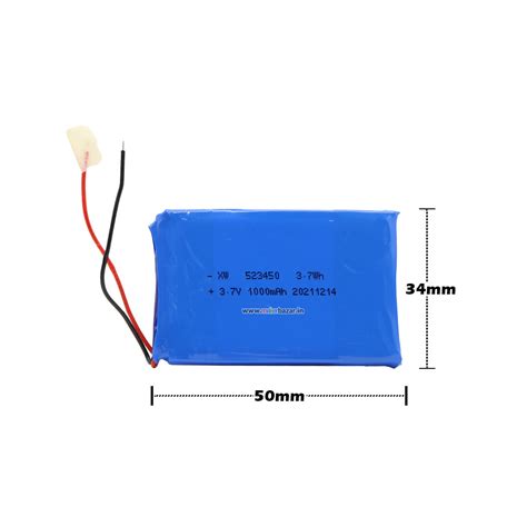 KP: 523450 Lipo Battery - Single Cell 3.7 V 1000mAh Lithium Polymer Ba