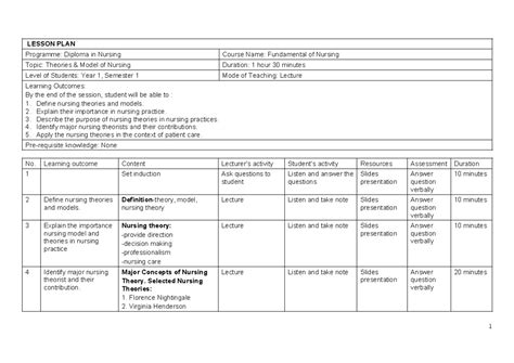 LP 2: Theories & Models of Nursing - Lesson Plan for Nursing Diploma ...