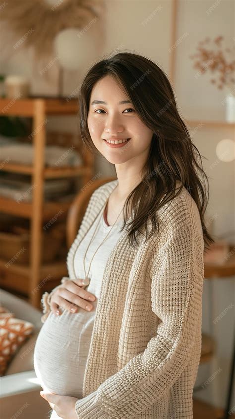 Joyful Asian Pregnant Woman with Big Belly Smiling Warmly in Cozy ...