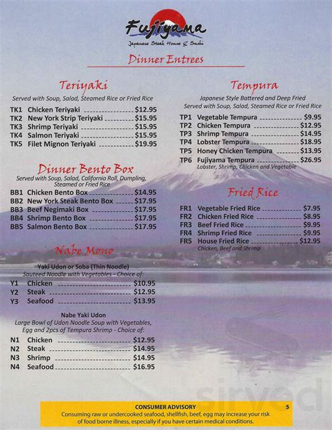 Fujiyama Japanese Steakhouse & Sushi menu in Mountain Home, Arkansas, USA