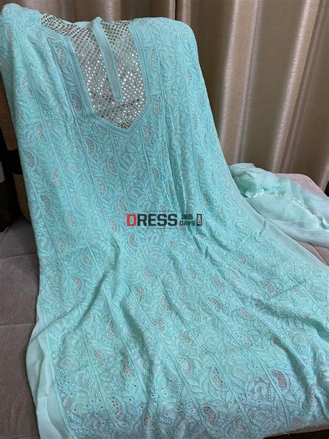 Sea Green Mukaish Neckline Chikankari Kurta Dupatta – Dress365days