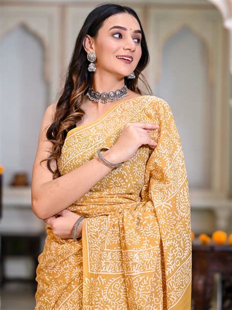Yellow Jaal Block Print Pure Cotton Saree – Jaipur Tex