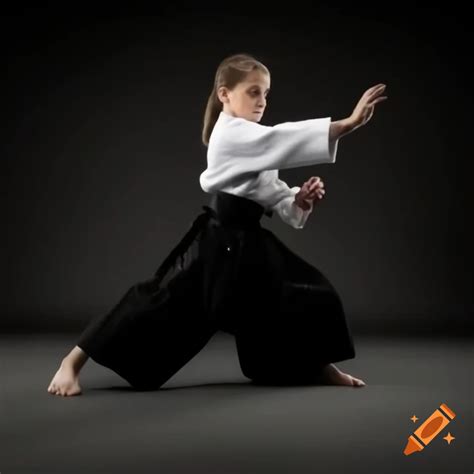 Child practicing aikido martial arts with a striking pose on Craiyon