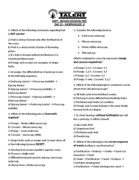 RRPT BOTANY REVISION TEST DAY 19: MORPHOLOGY IN FLOWERING PLANTS - Studocu