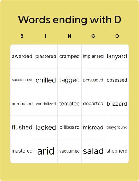 Words Ending With D - Bingo Card Creator