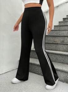 SHEIN EZwear Women's Plus Size Patchwork Side Split Flare Pants | SHEIN USA