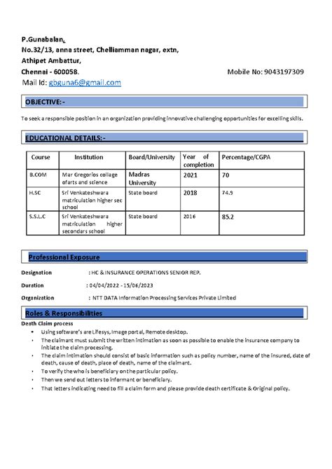 Gunabalan Resume - OBJECTIVE:- EDUCATIONAL DETAILS:- Professional ...